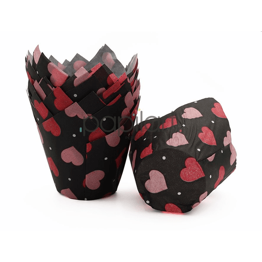 Muffiny TULIPAN 50x80mm czarne+róż serca A'180 -zdjęcie numer 1