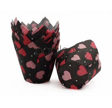 Muffiny TULIPAN 50x80mm czarne+róż serca A'180
